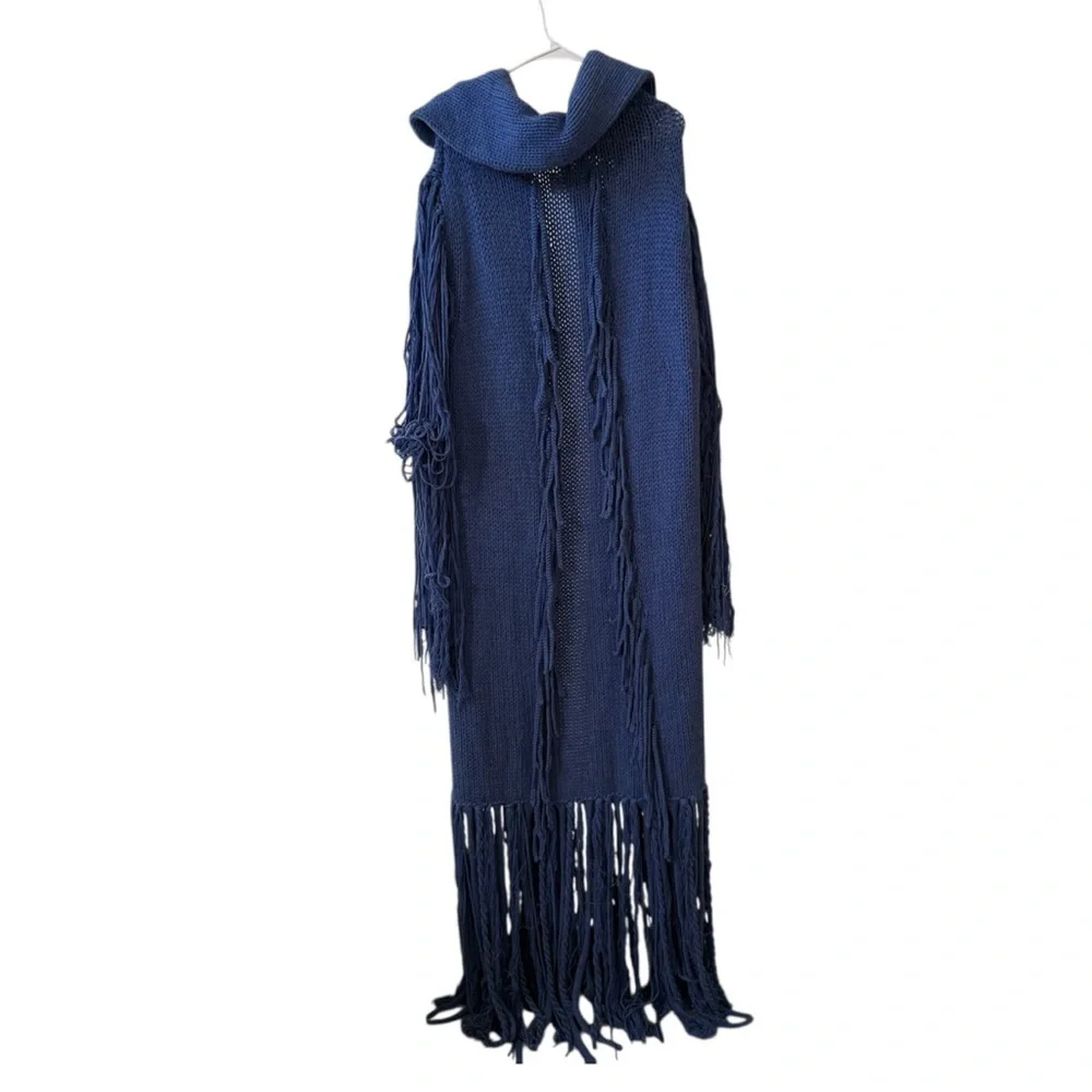KHAITE Fringe Olwen Longline Knit Sleeveless Sweater Cardigan Blue O/S